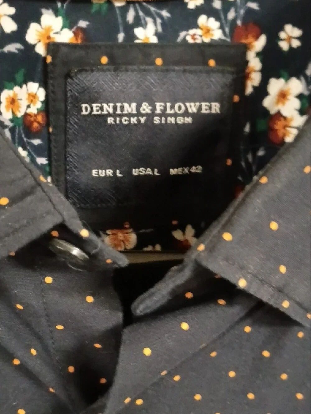 Denim & Flower Navy Button-Up Shirt with Tiny Tan Dots